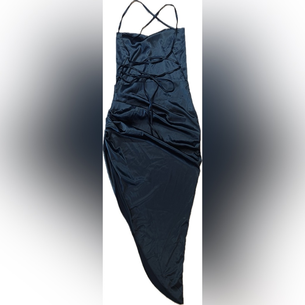 Black Satin Lace up Backless High Slit Dress Asymmetric Hem. - Picture 3 of 3